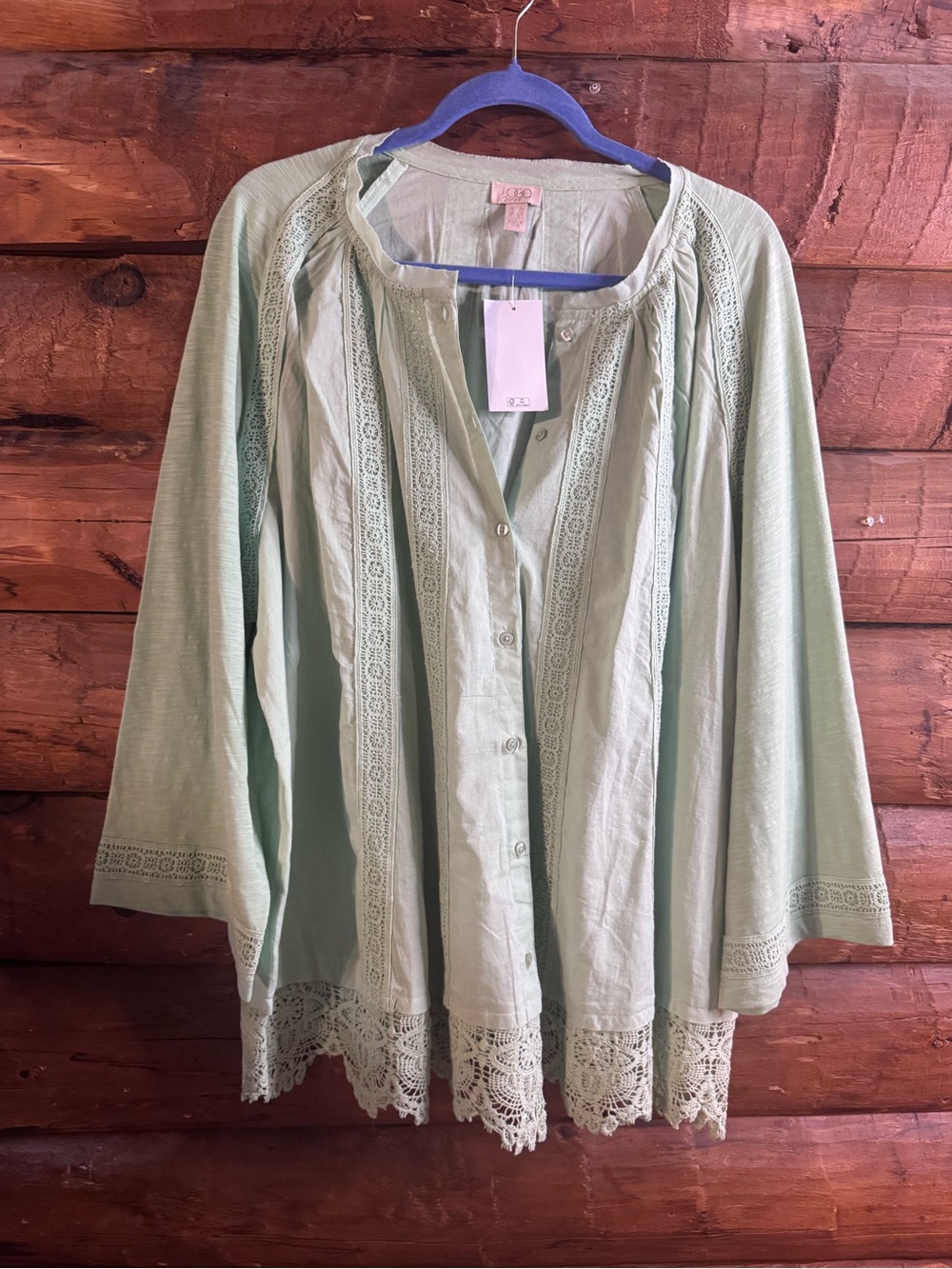 LOGO by Lori Goldstein Pale Mint Lace-Trim Button Front Shirt